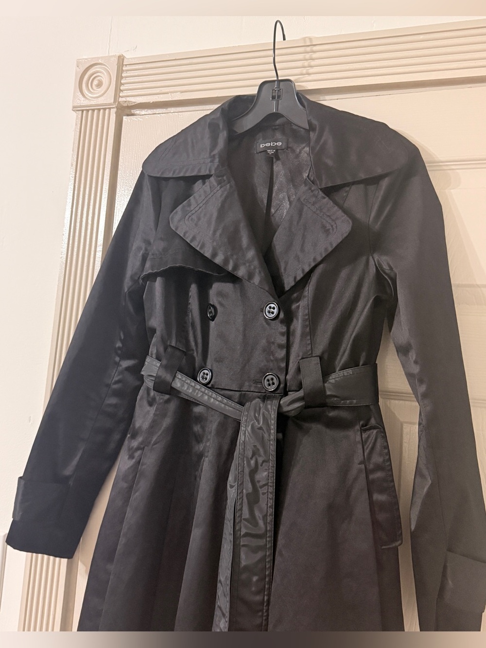 Bebe Y2K Women's Trench Coat Vintage Belted Flared Black sz M - Picture 9 of 9